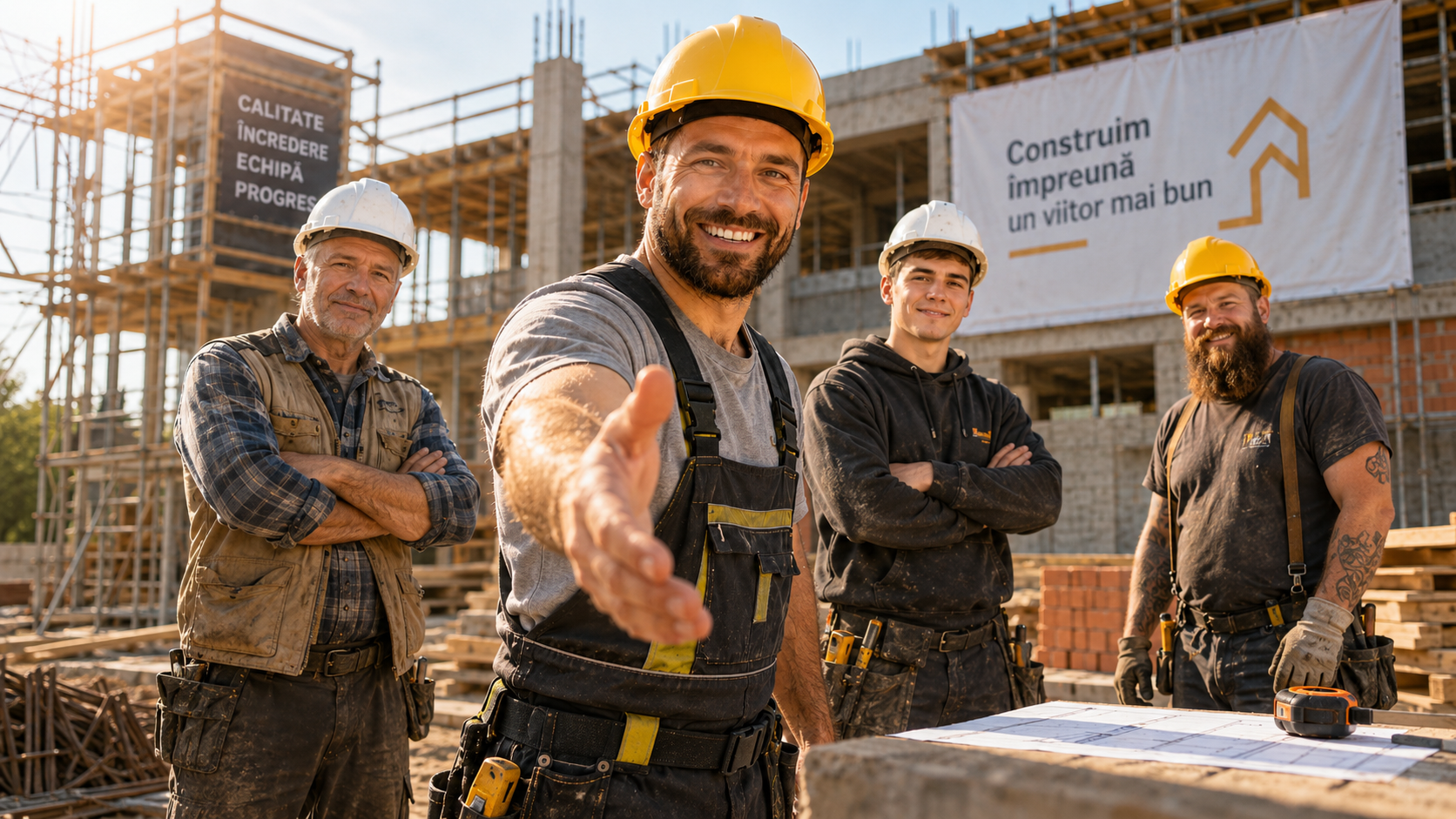 Echipă de constructori lucrând împreună pe șantier